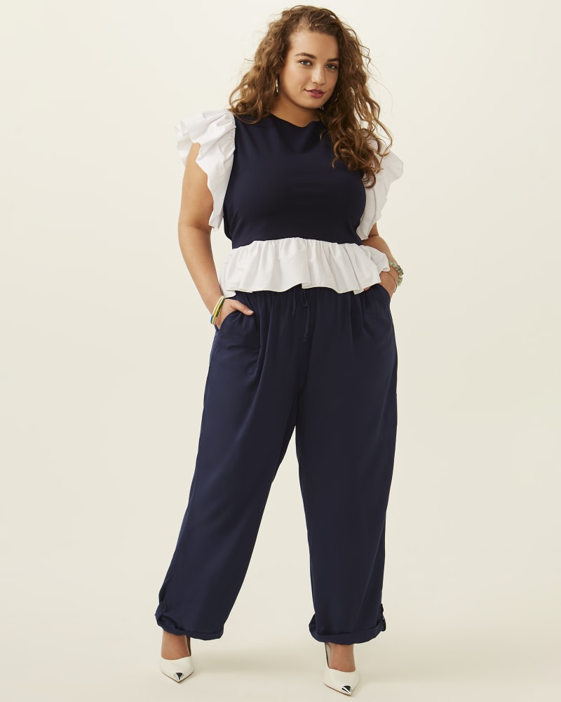 Plus size model with apple body shape wearing Marnie City Slicker Wide Leg Pant by Molly & Isadora | Dia&Co | dia_product_style_image_id:196812